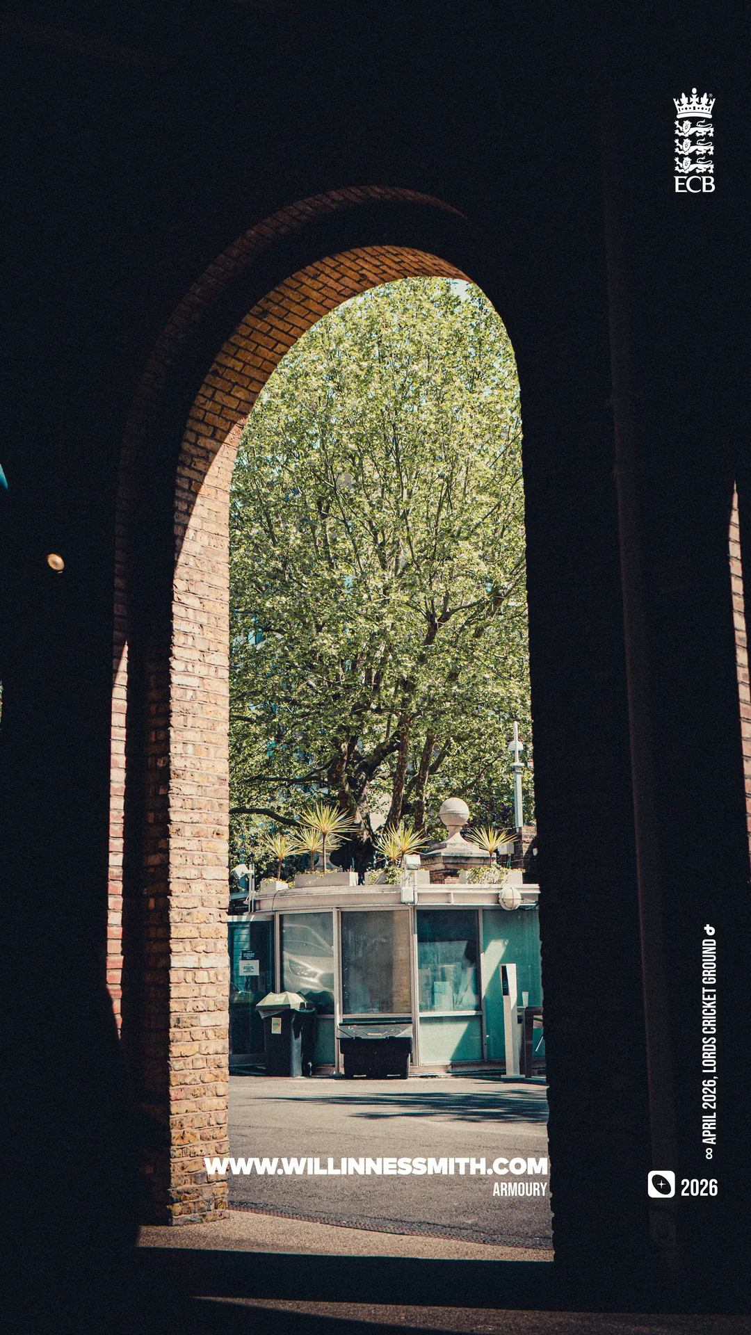 A green tree framed by a dark brick archway, Lord's