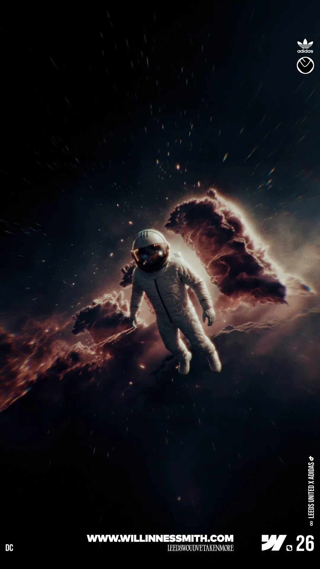 Leeds United x adidas · an astronaut drifting through a nebula