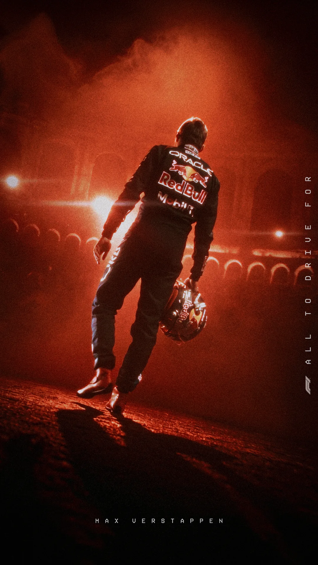Max Verstappen walking away with his helmet, backlit in red haze · Lights Out, F1