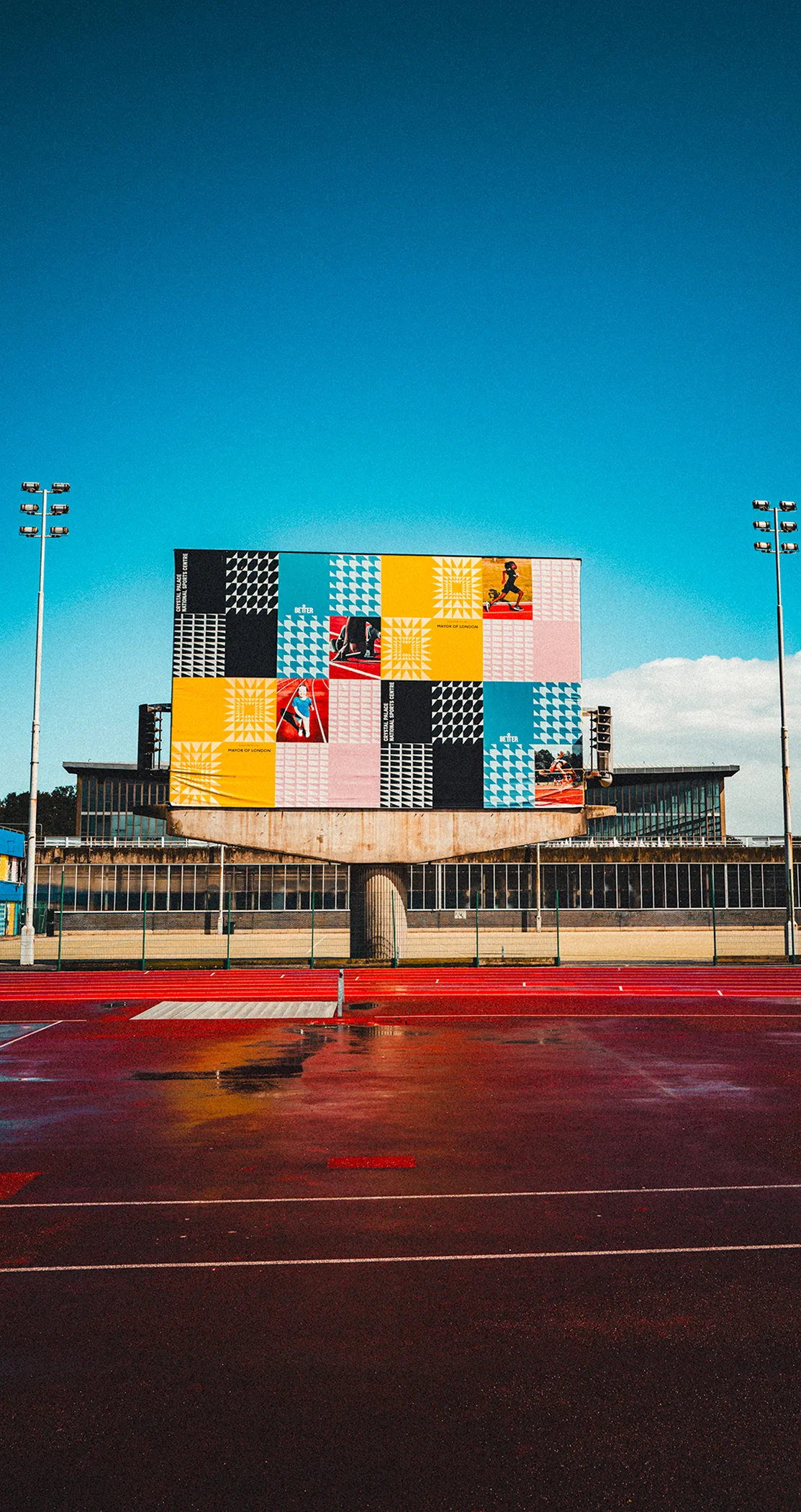 Modernist building with a colourful mosaic facade, Crystal Palace