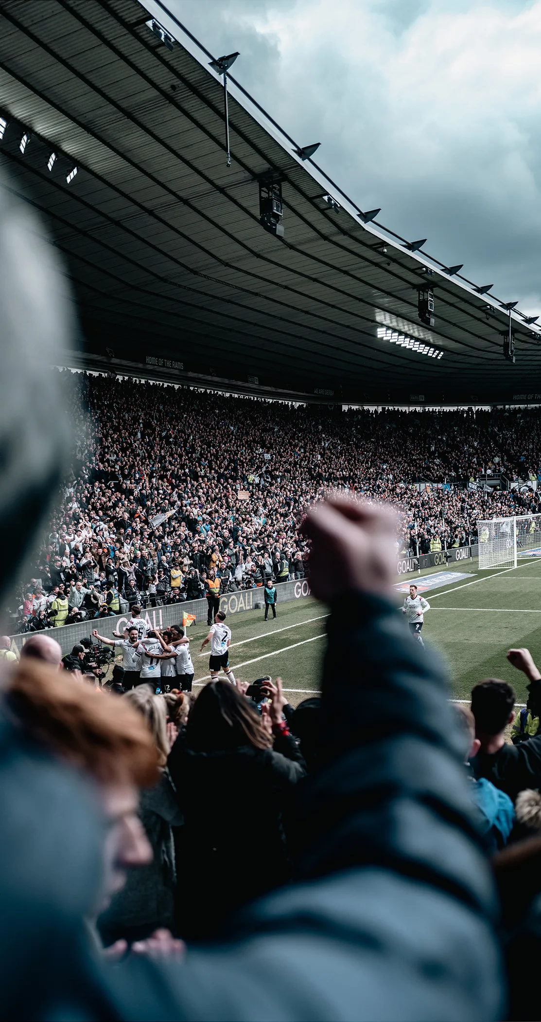 Raised fist in a packed stand on matchday, Pride Park