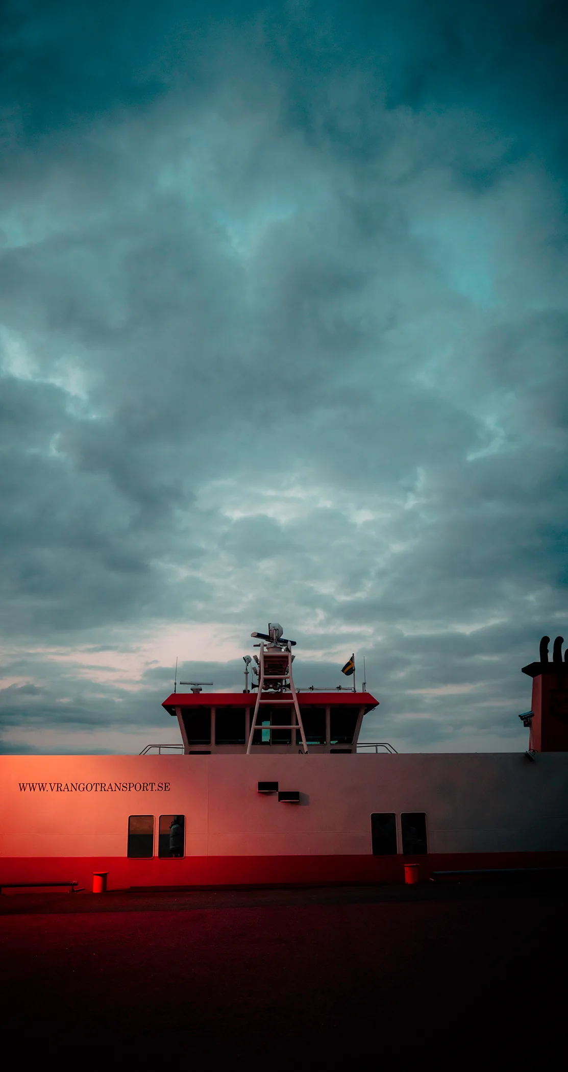 The bridge of an archipelago ferry under heavy grey cloud, Gothenburg